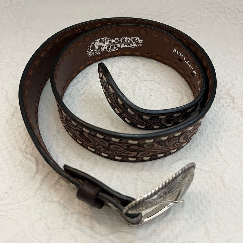 Nocona tooled brown leather belt contrast seam EUC - Picture 2 of 11